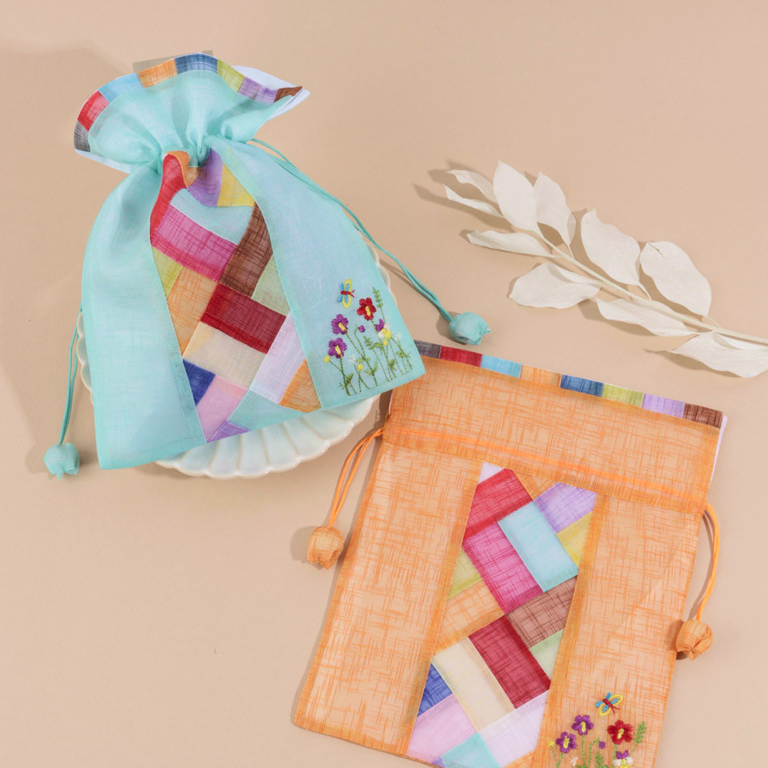 Korean Silk Floral Drawstring Pouch